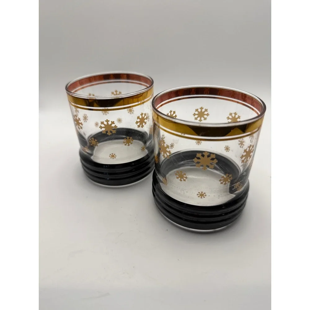 Vintage Style Gold Snowflake Rocks Glasses Black Ribbed Base Set of 2 Holiday